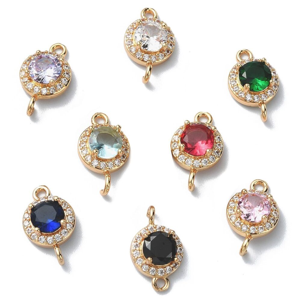 9437 10 Pcs Colorful Cubic Zirconia Connector Link Charms Flat Round